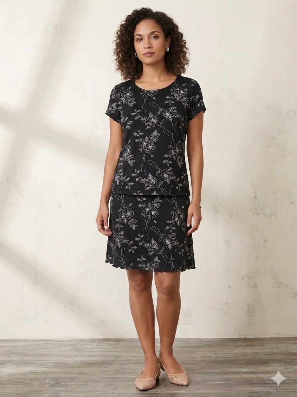 Summery 2 Piece Black with White Floral Short Sleeve Top & Skirt Set